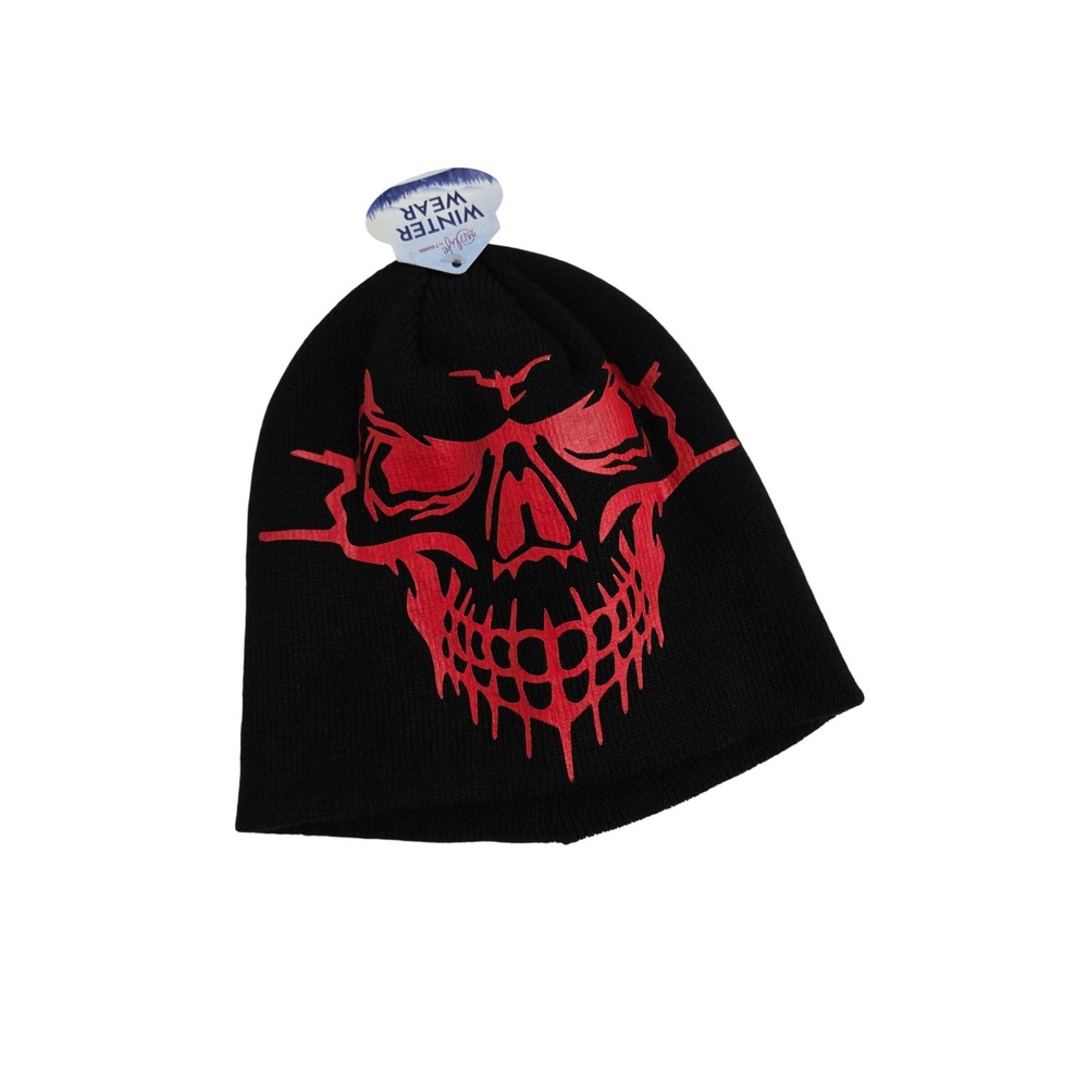 24/7‎ Life Mens Beanie Black Red Skull Graphic Premium Knit OSFM